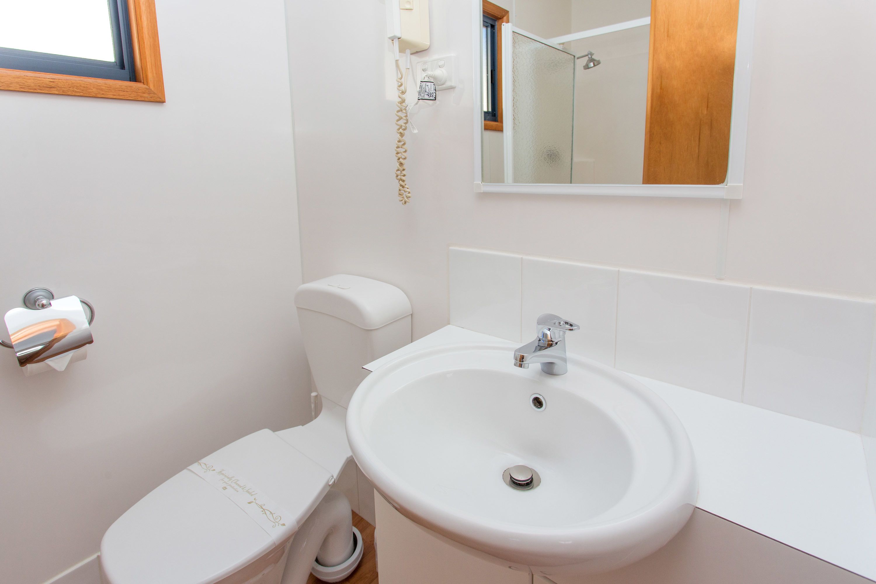 A bathroom with a toilet, sink, and mirror.