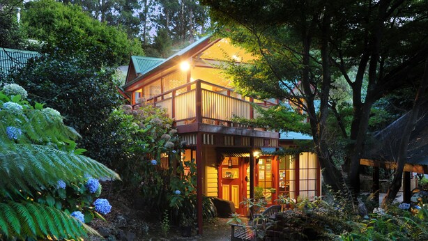 A traditional Japanese-style house with a wooden exterior, a covered porch, and a garden with ferns and hydrangeas. - Como Cottages Accommodation (Olinda)