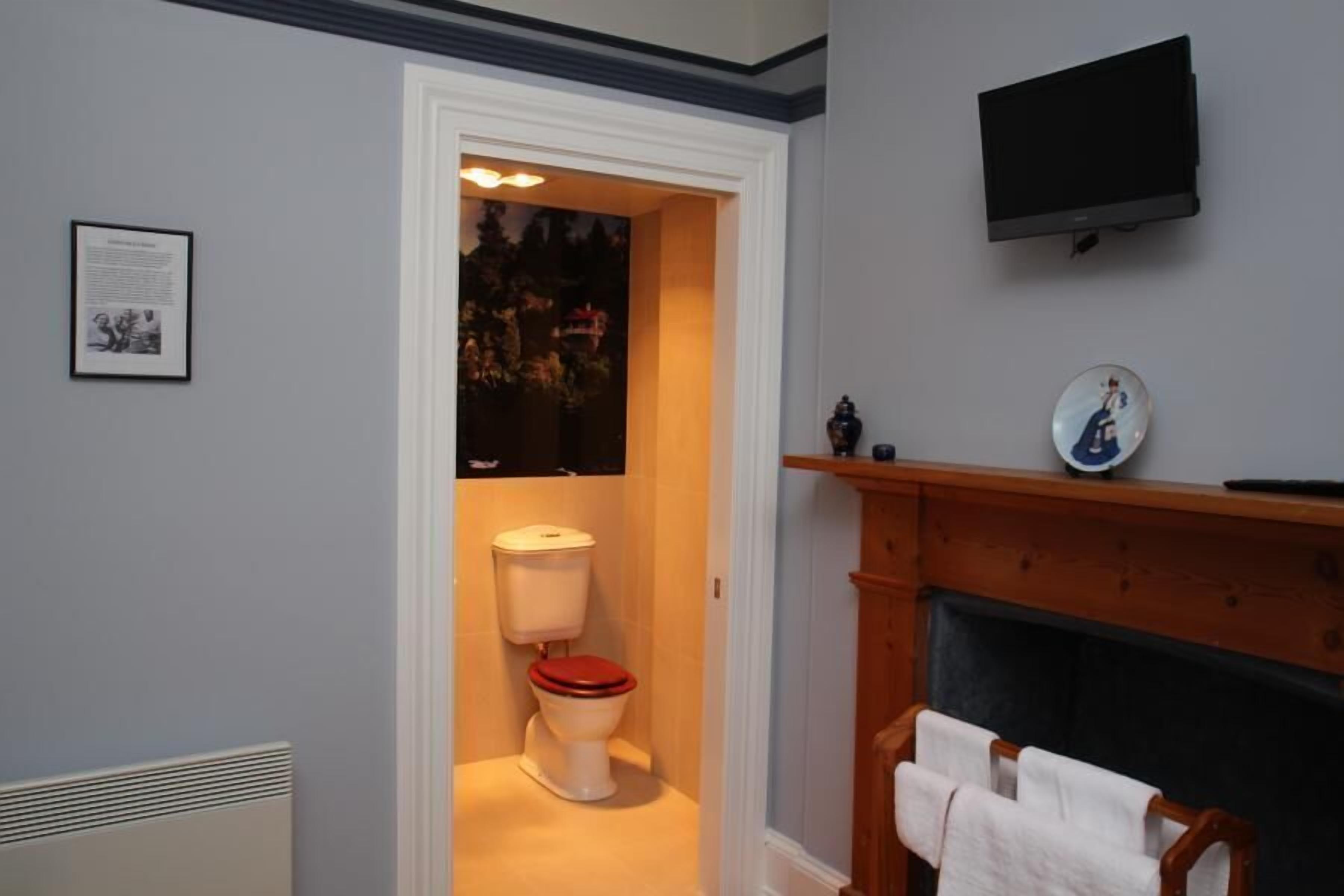 A bathroom with a white toilet, a wooden shelf with a mirror, and a flat-screen TV mounted on the wall.
