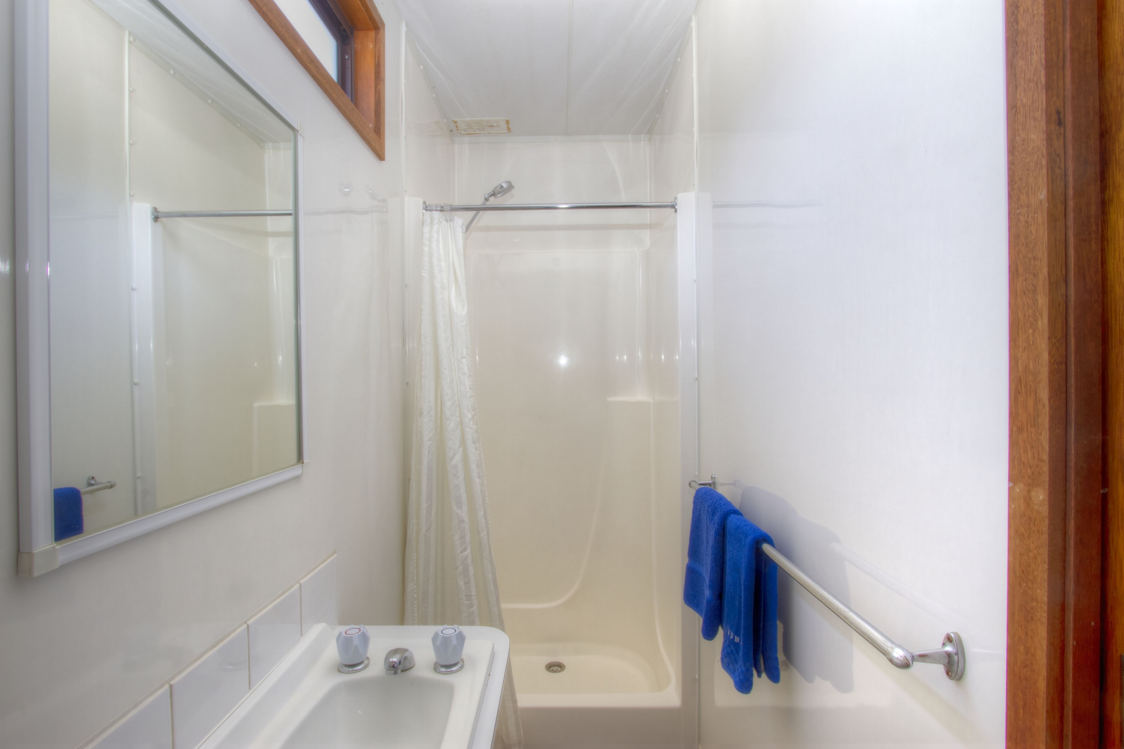 A bathroom with a shower, a sink, and a mirror.