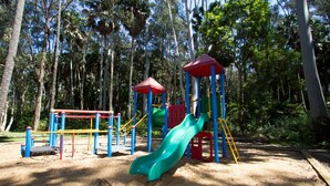 A playground with a slide and climbing structures, surrounded by trees. - Twin Dolphins Holiday Park (Tuncurry)