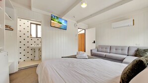 A bedroom with a bed, a grey sofa, a TV, and an air conditioner.