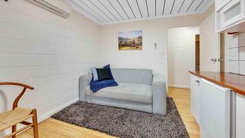 A compact living space with a grey sofa, a wooden chair, a kitchen area with a white refrigerator, and a grey shag rug.