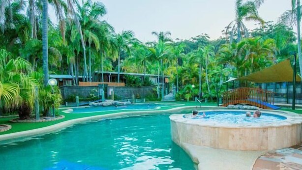 Piscina rodeada de palmeras y zona de hidromasaje.