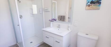 Un baño moderno con cabina de ducha de vidrio, un lavamanos blanco y un inodoro.