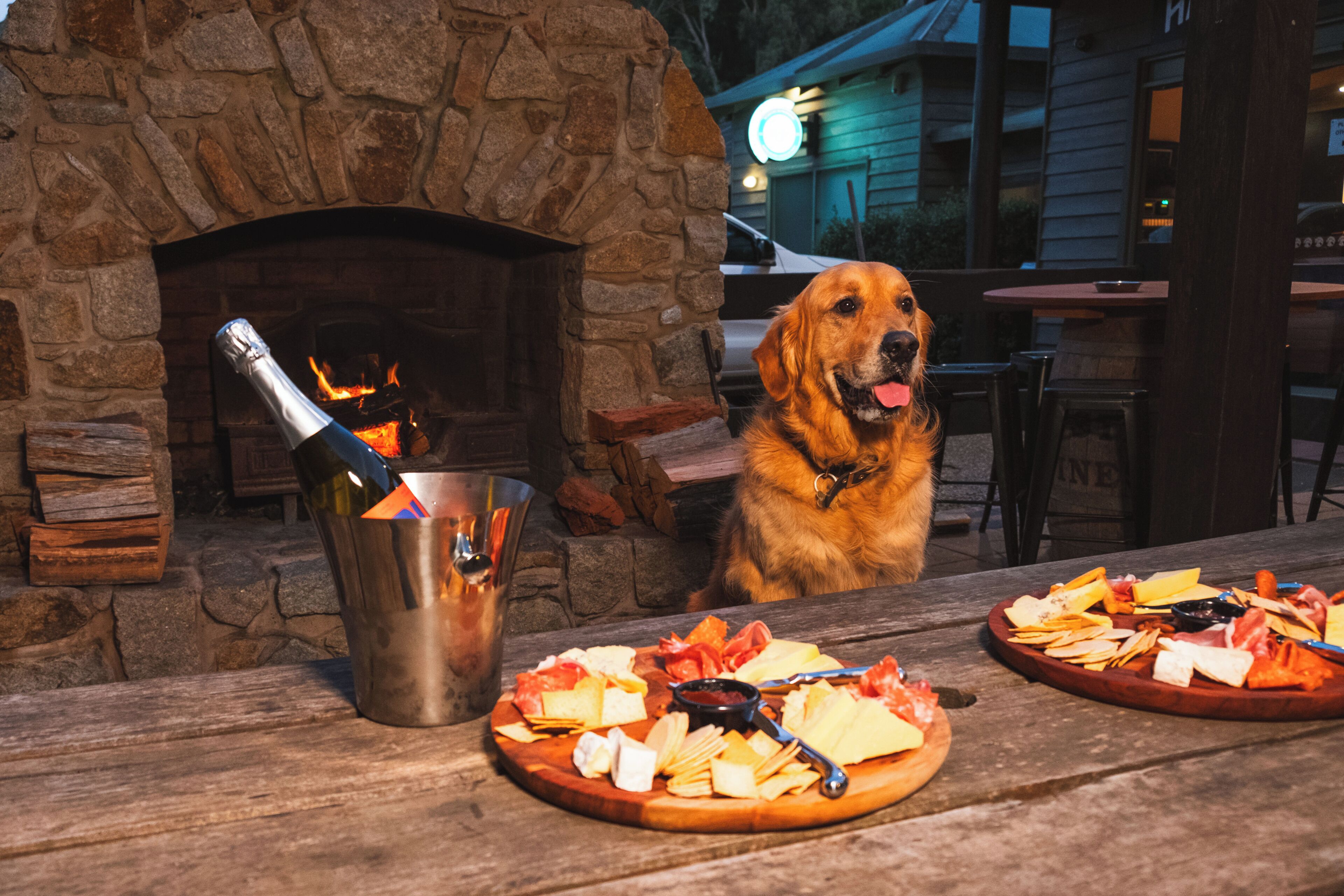 Ein Steinkamin mit einer Champagnerflasche, einem Hund und einem Tisch mit verschiedenen Käsesorten und Fleischwaren.
