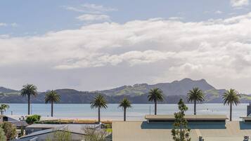 A coastal view with a beach, palm trees, and a mountain in the background.