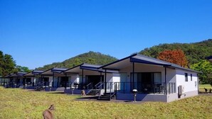 Una hilera de cabañas modernas de una sola planta, con ventanas grandes y zonas de estar exteriores cubiertas, ubicadas en un campo verde con colinas al fondo.