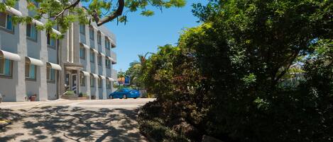 Un bâtiment moderne à la façade plate, doté de grandes fenêtres, avec une voiture bleue garée devant.