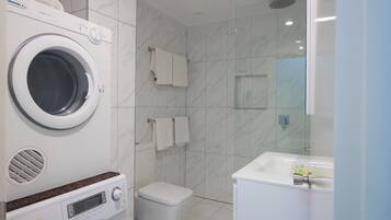Une salle de bain moderne équipée d’un lave-linge intégré, de toilettes et d’un lavabo avec un miroir.
