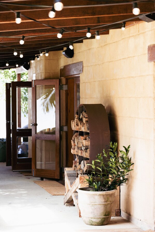 An interior space with a wooden ceiling, a large potted plant, and a rustic wooden structure against the wall.