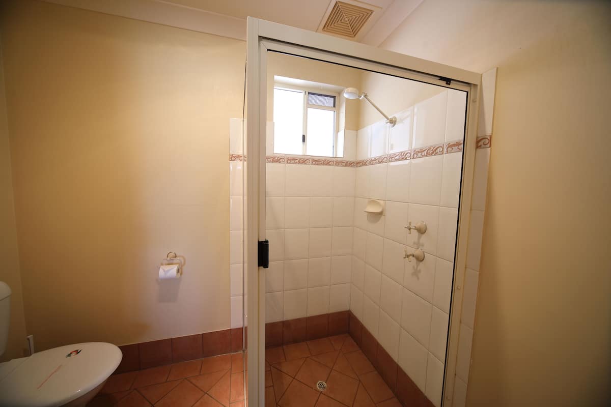 A bathroom with a toilet, a shower with a glass door, and a window.