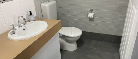 A bathroom with a white sink, a toilet, and a towel dispenser.