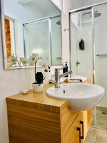 Shower, free toiletries, towels