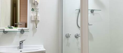 Une salle de bain moderne avec une douche à parois de verre, un lavabo blanc et un miroir au-dessus du lavabo.