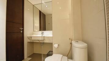 Shower, free toiletries, slippers, towels