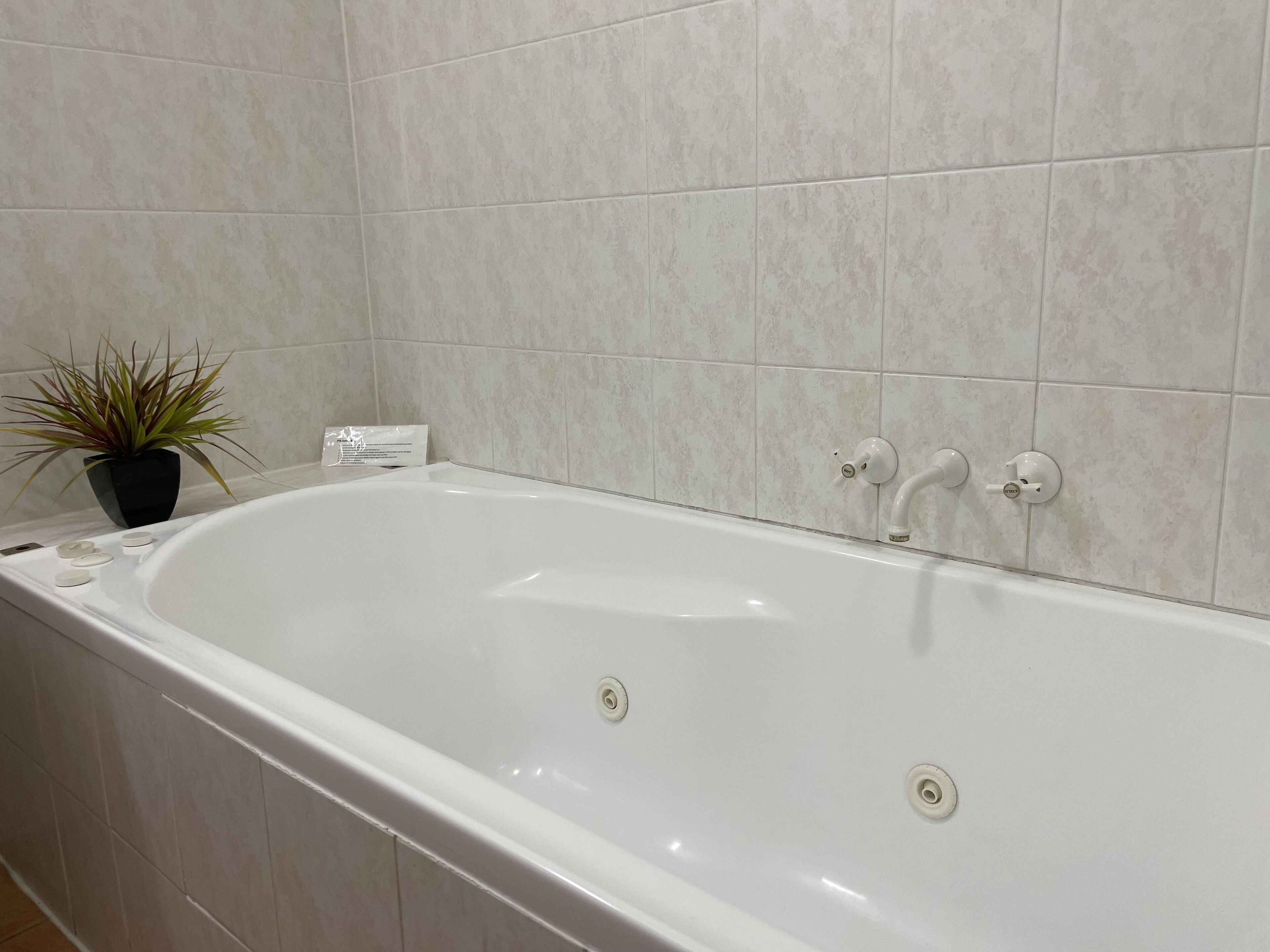 Een badkamer met een witte badkuip, een potplant en een wand betegeld met witte tegels.