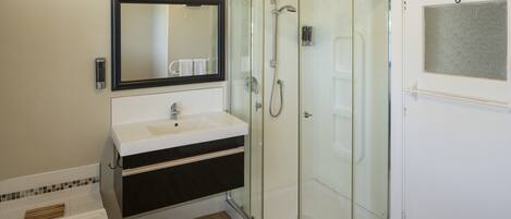 Une salle de bain moderne avec une douche à parois de verre, un lavabo blanc et un grand miroir.