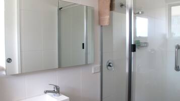 A bathroom with a glass shower enclosure, a white sink, and a mirror above the sink.