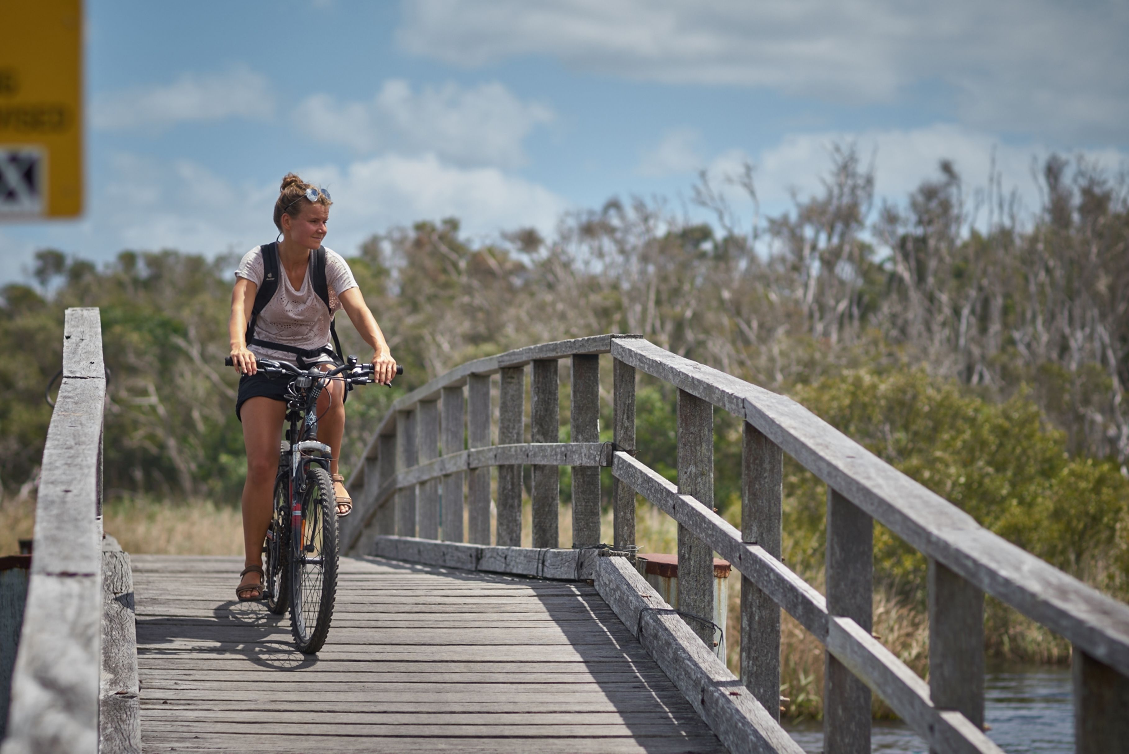 A person riding a bicycle on a wooden bridge with railings, surrounded by natural vegetation.