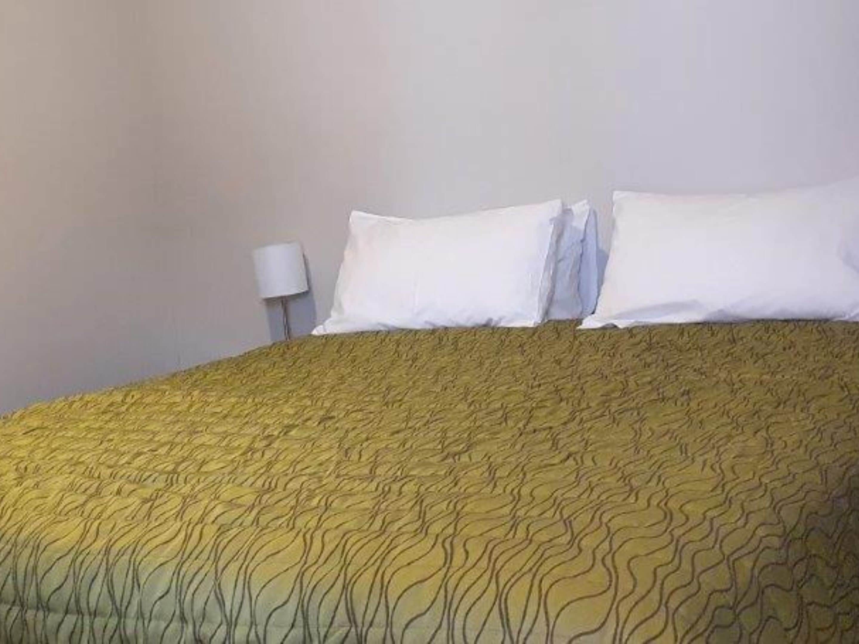 A bed with a patterned bedspread and two pillows.