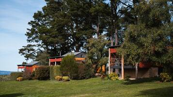 A residential property with a large lawn, multiple buildings, and a variety of trees.