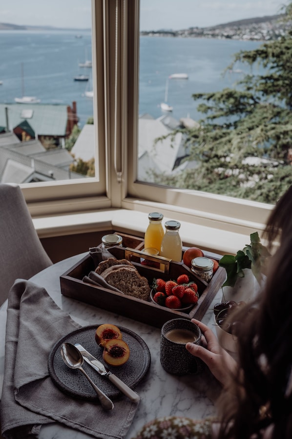 Queen Waterview - Stowell Room | Premium bedding, pillowtop beds, minibar, individually decorated