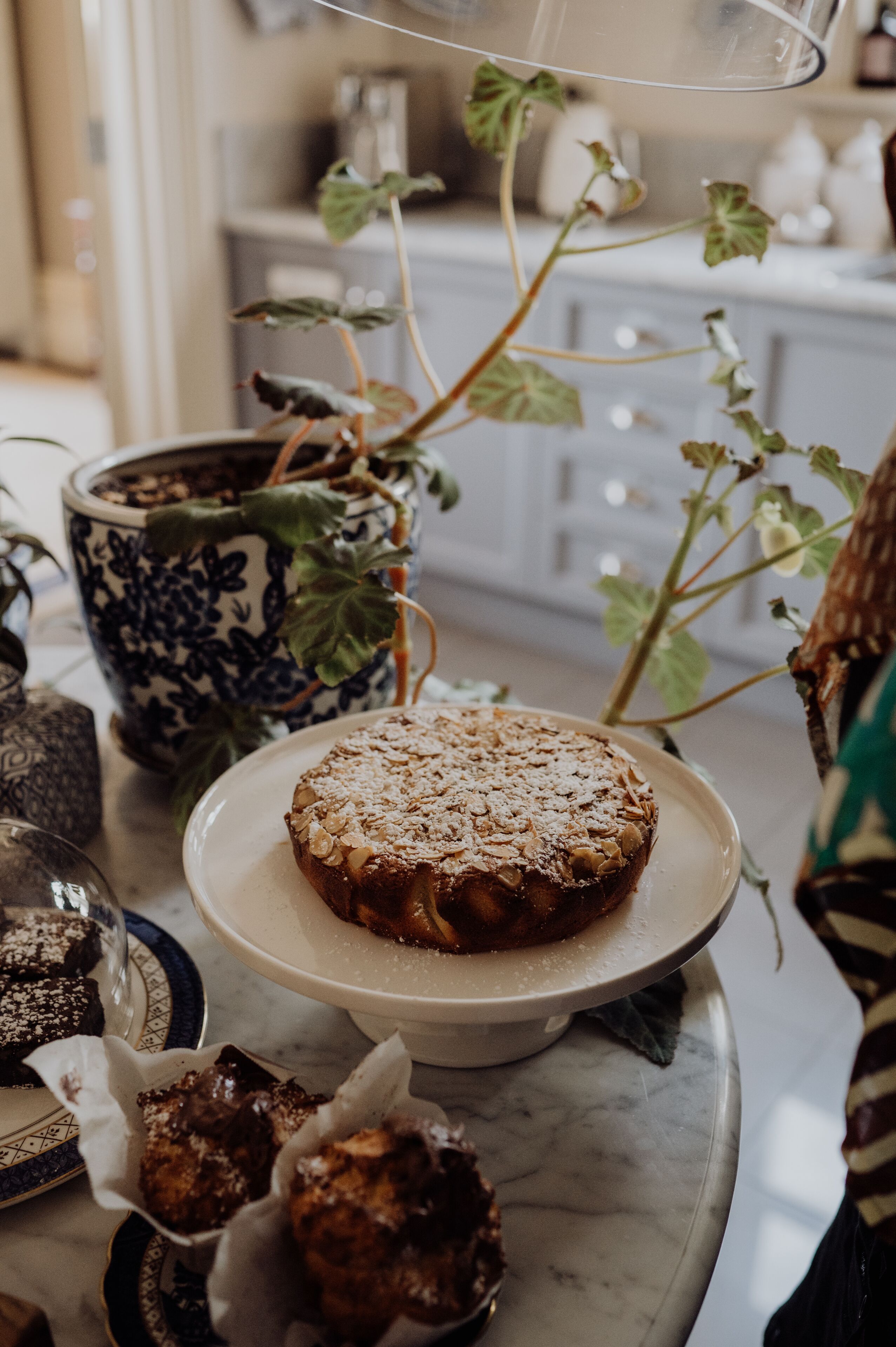 A dessert table with various baked goods, a potted plant, and a vase.