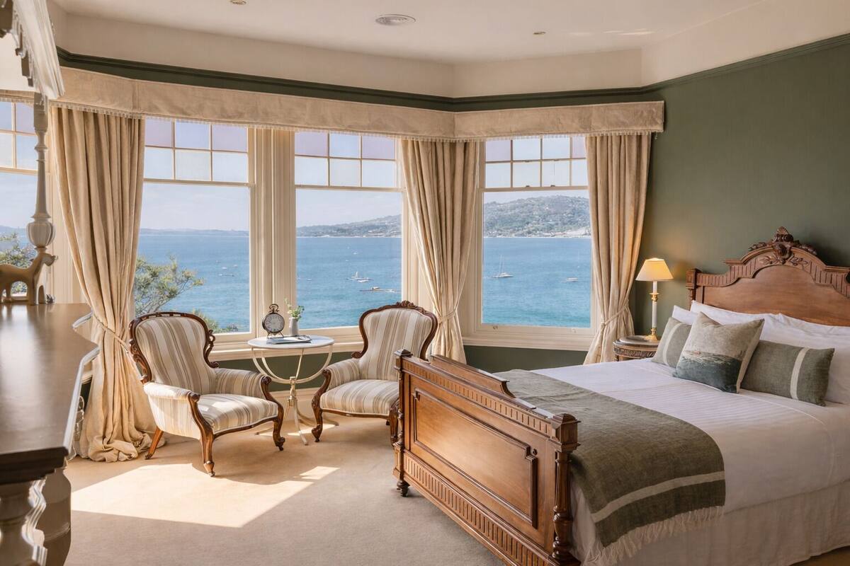 A bedroom with a large bed, two chairs, a small table, and a view of the sea.