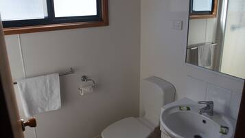 A bathroom with a toilet, sink, and a towel rack.