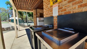 An outdoor barbecue area with a brick wall, a metal grill, and a 'No Smoking' sign.