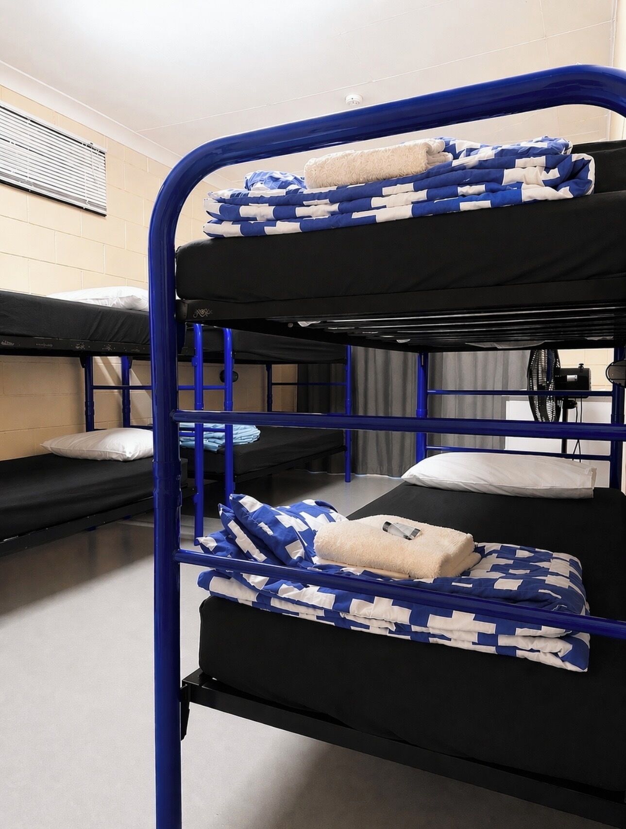A bunk bed room with blue metal railings, a window with blinds, and a fan.