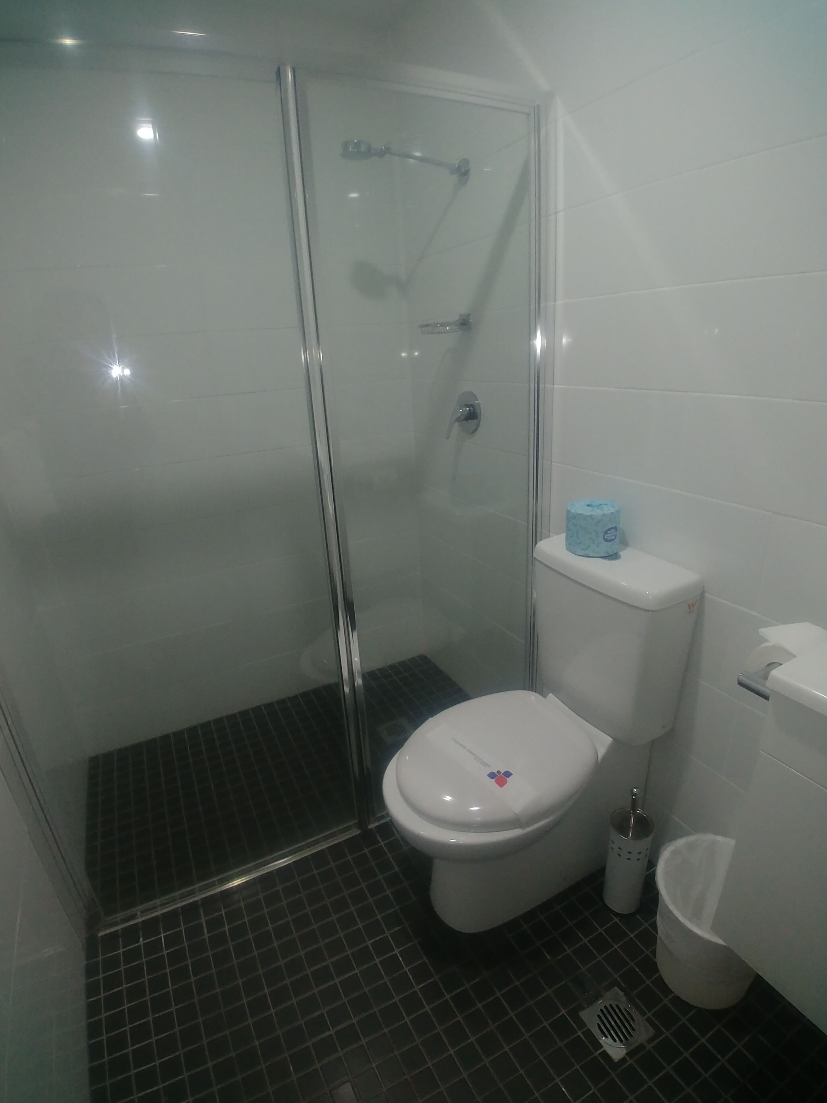 Un baño con ducha de mampara de vidrio, un inodoro y un cubo de basura.