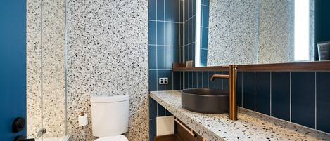 Un baño moderno con inodoro independiente, lavamanos con recipiente amplio y espejo sobre el lavamanos.