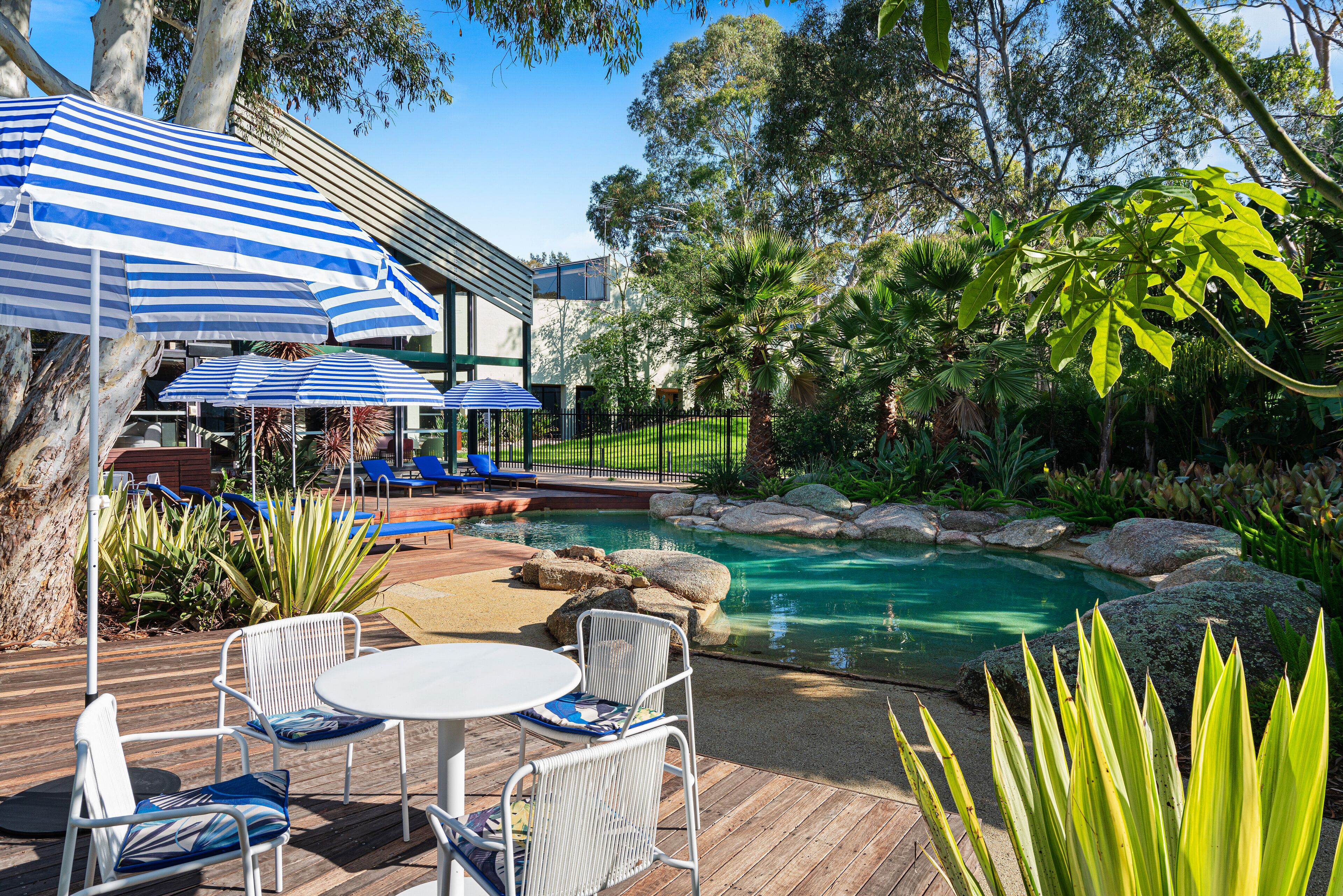 A pool area with lounge chairs and umbrellas, surrounded by greenery and rocks.