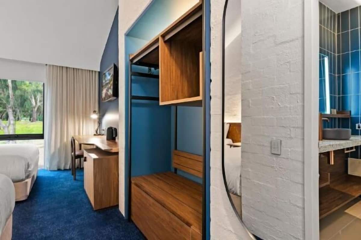 2 bedrooms, desk, blackout curtains, iron/ironing board