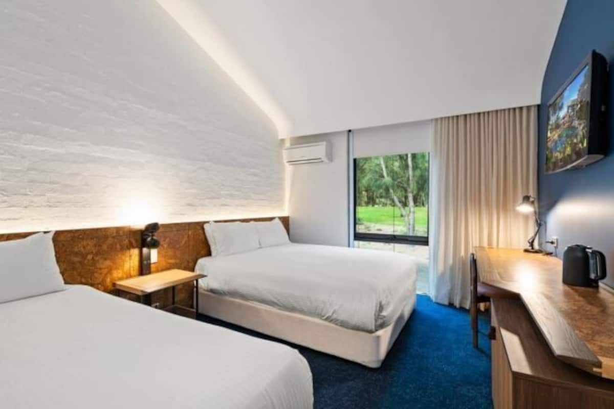 2 bedrooms, desk, blackout curtains, iron/ironing board