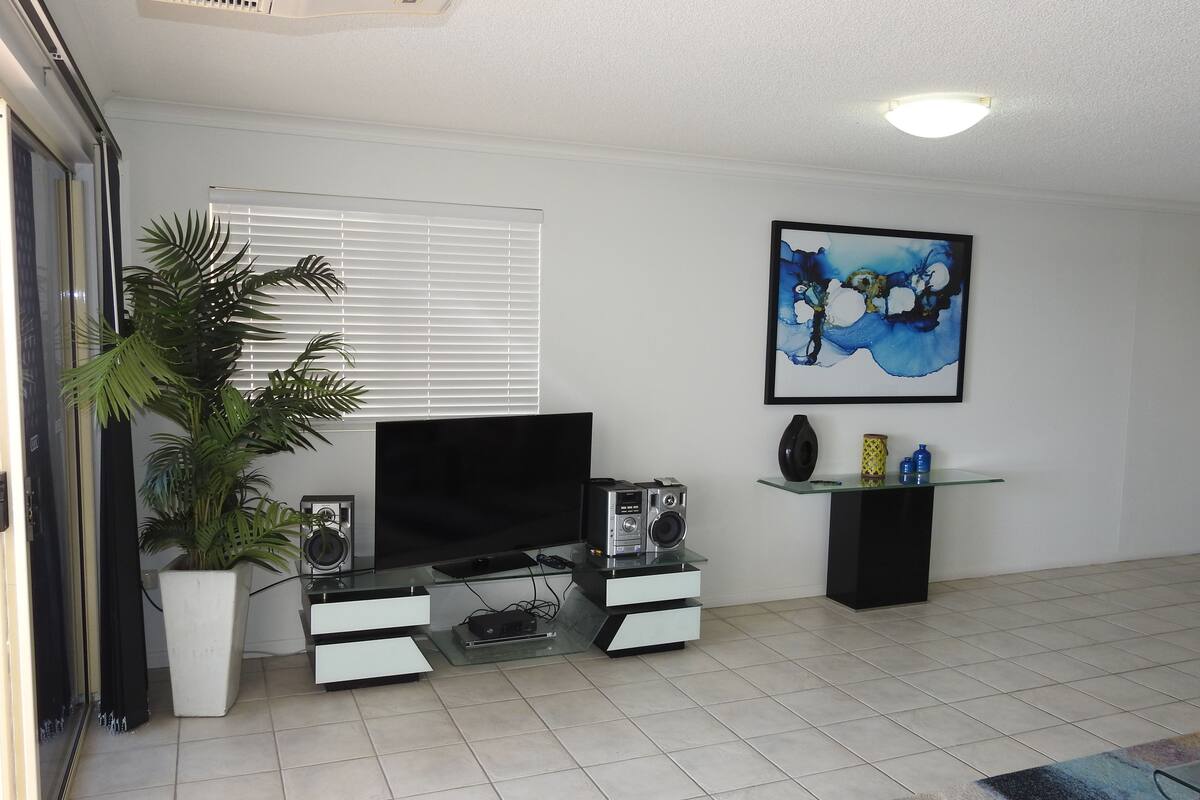 A living room with a flat-screen TV, a large potted plant, a glass coffee table, and a painting on the wall.