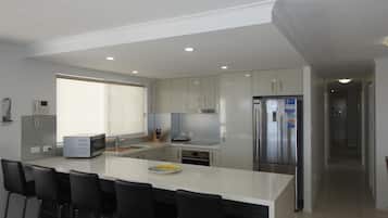 Full-sized fridge, microwave, oven, stovetop