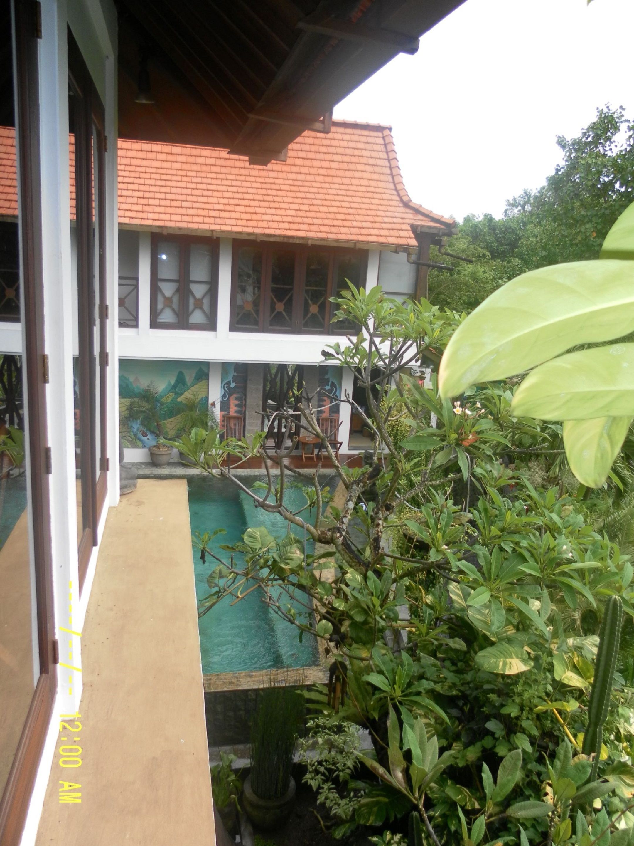 A traditional house with a tiled roof, a swimming pool, and lush greenery.