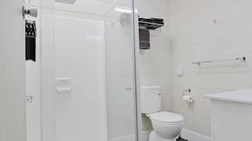Moderni kylpyhuone, jossa on lasiseinällä varustettu suihku, wc ja pesuallas.
