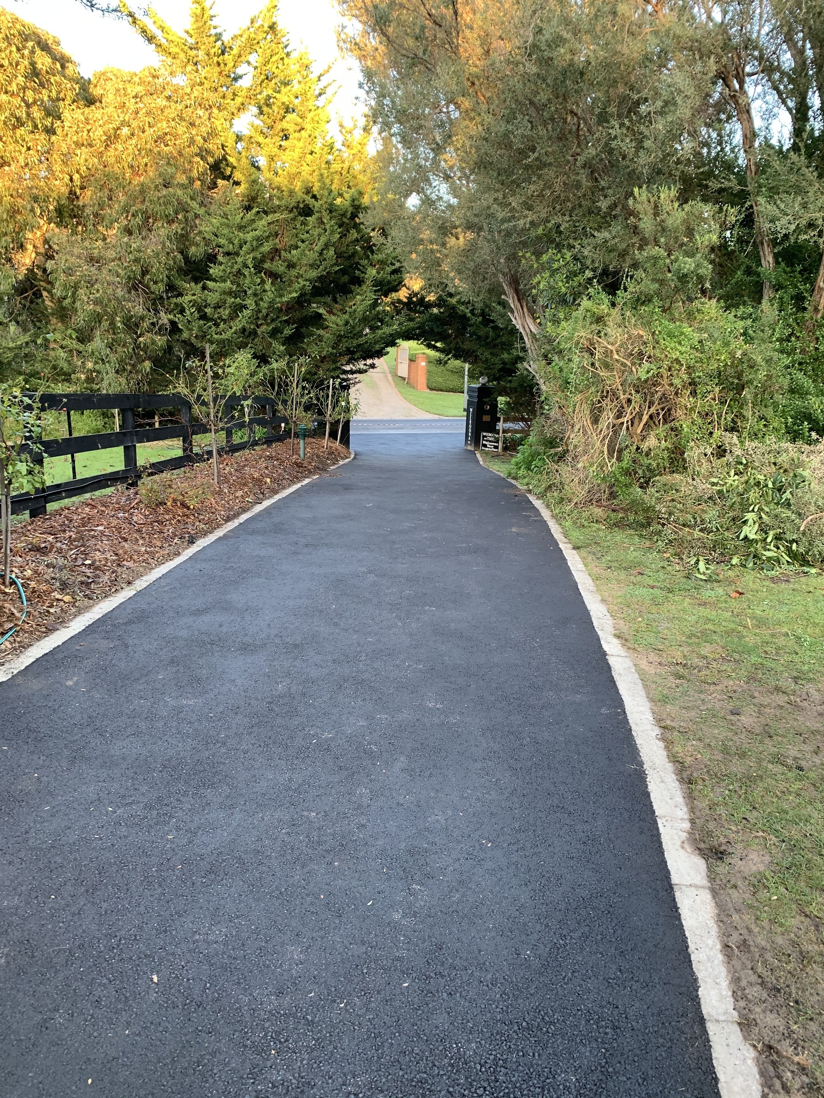 A paved pathway leading through a park with trees and a fence on one side.
