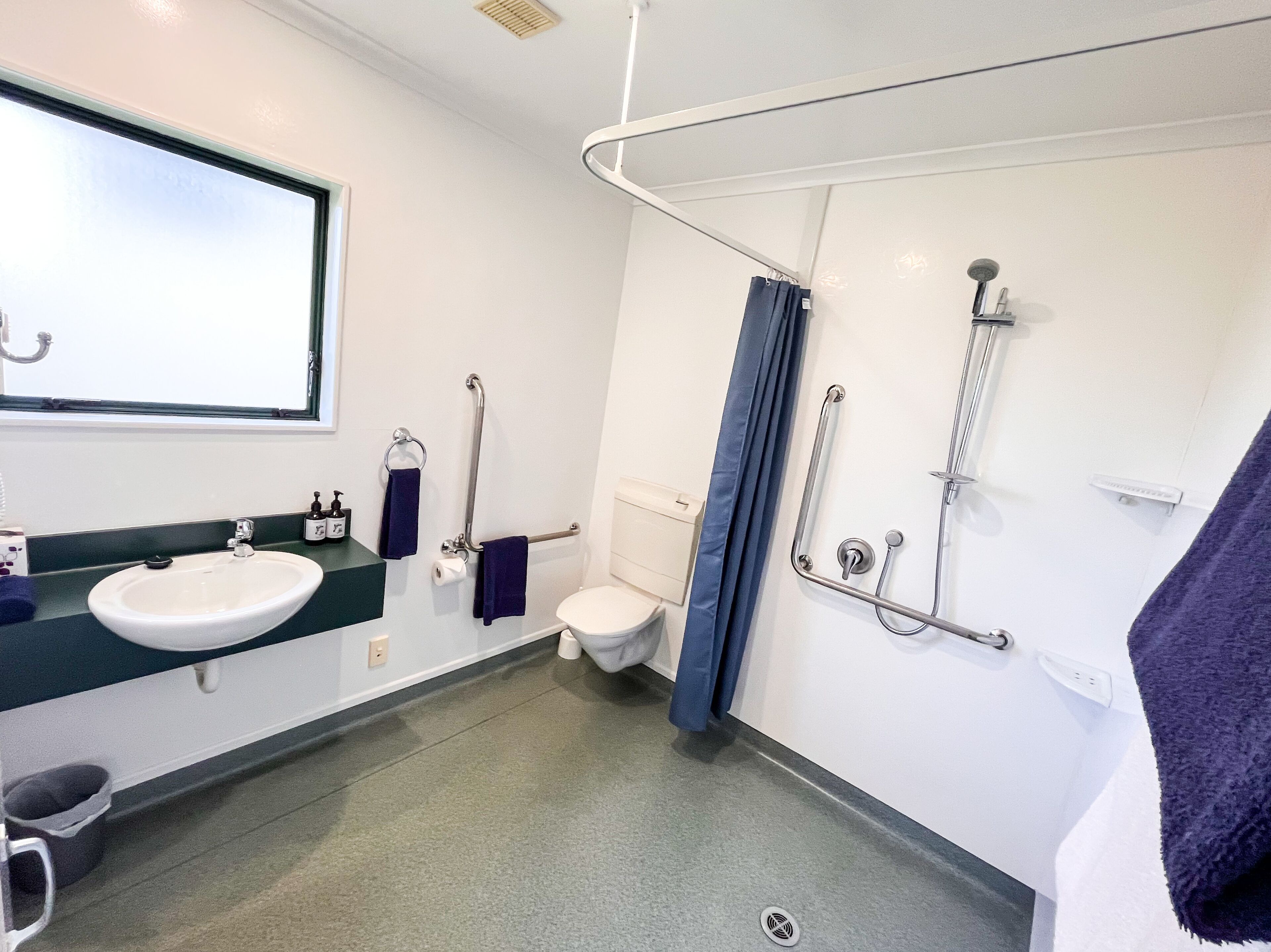 A bathroom with a sink, toilet, and shower area, including grab bars and a window.