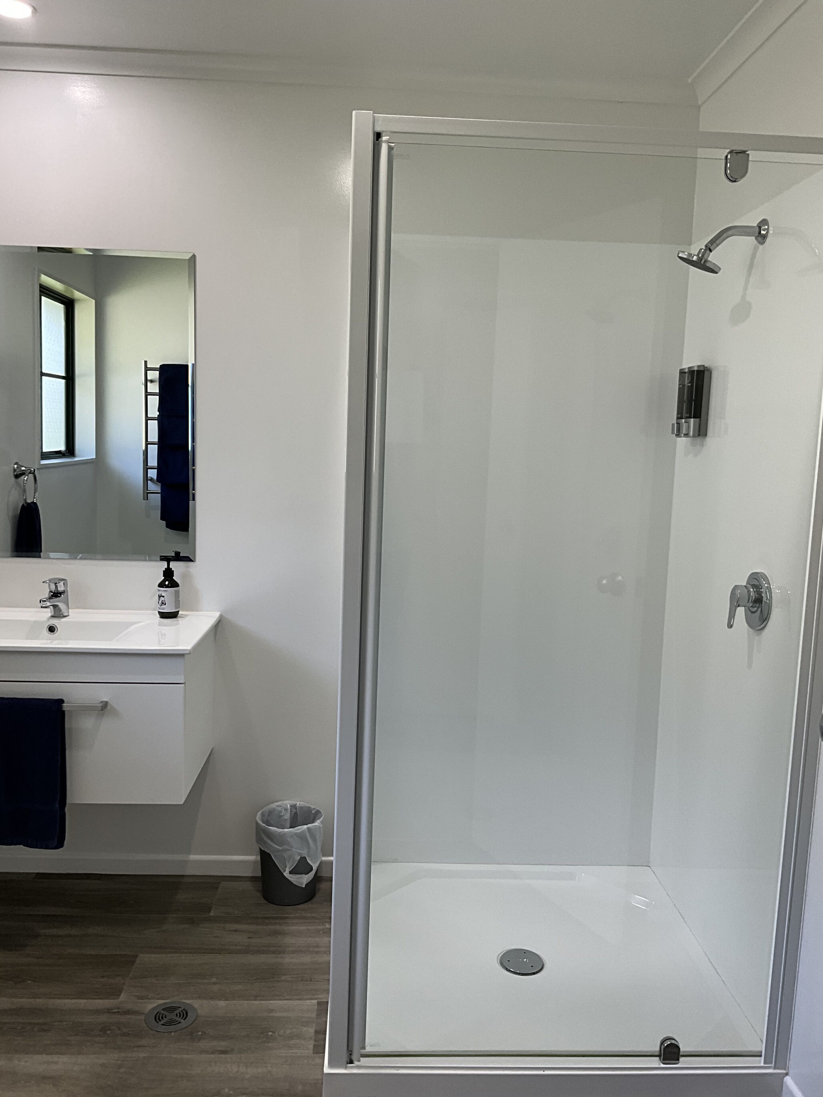 A modern bathroom with a glass-enclosed shower, a sink with a mirror, and a towel rack.