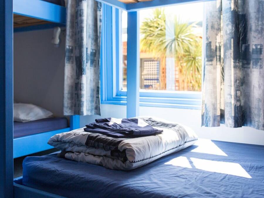 A room with a bunk bed, a window with curtains, and a view of palm trees outside.
