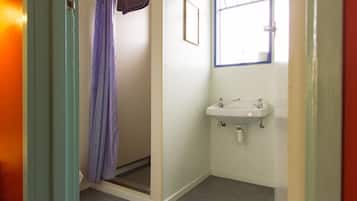 Een badkamer met een douche, een wastafel en een raam.