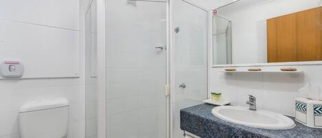 A bathroom with a toilet, a glass-enclosed shower, a sink with a marble countertop, and a mirror with a wooden cabinet above it.
