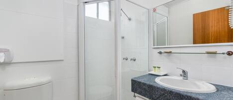 A modern bathroom with a glass-enclosed shower, a white toilet, and a granite countertop sink.