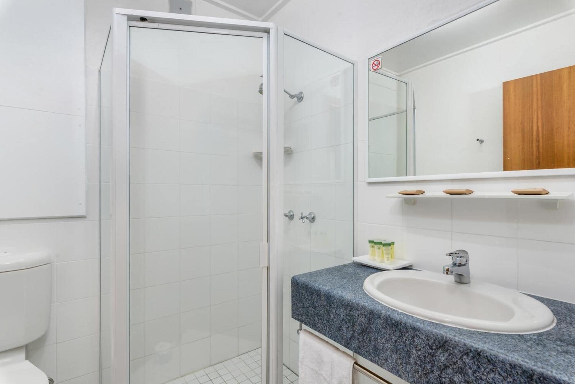 A bathroom with a glass shower door, a white sink, and a mirror above it.