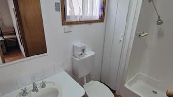 Ein Badezimmer mit Waschbecken, Toilette und Dusche.